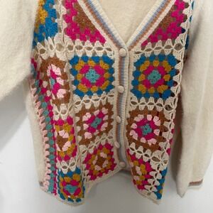Umgee USA Womens Small Granny Square Crochet Cardigan Fuzzy Knit Cream